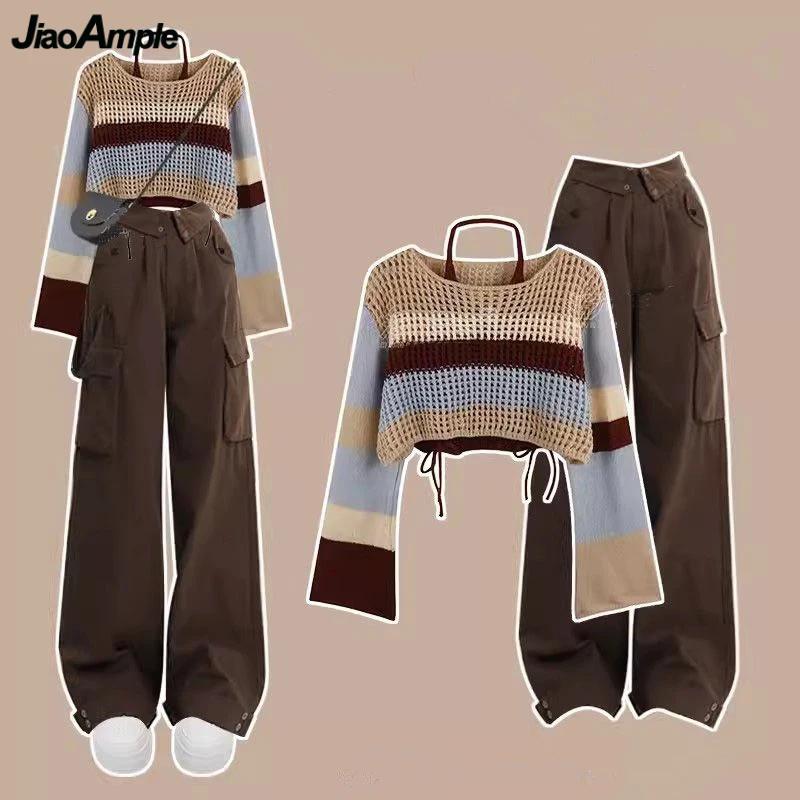 2024 Spring Autumn Sweater Halter Sling Cargo Pants 1 or 3 Piece Set Women Casaul Multi Stripe Knit Tops Vest Trouse